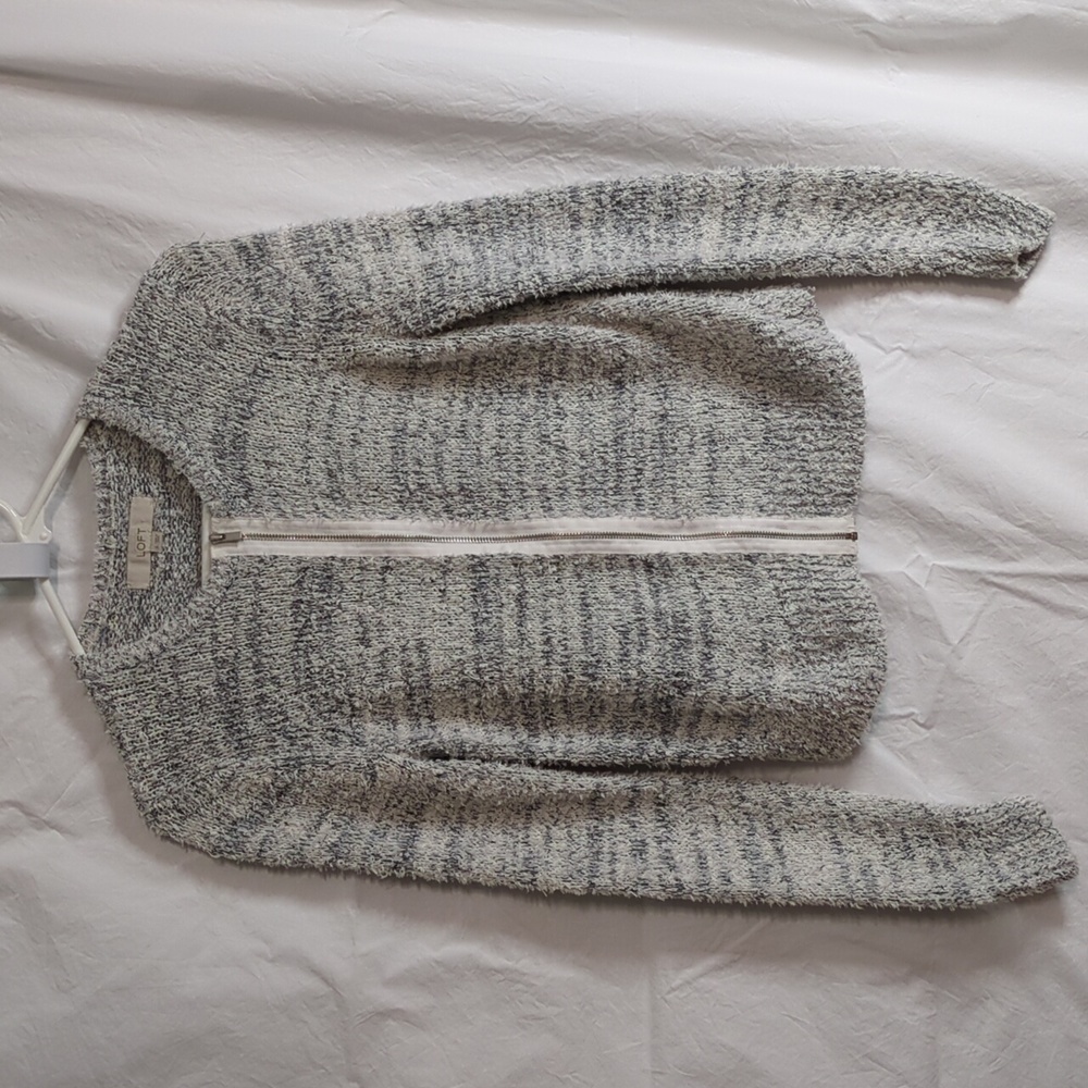 LOFT | Scruffy Shaggy Ivory and Black Exposed Zipper Cardigan Sweater | S